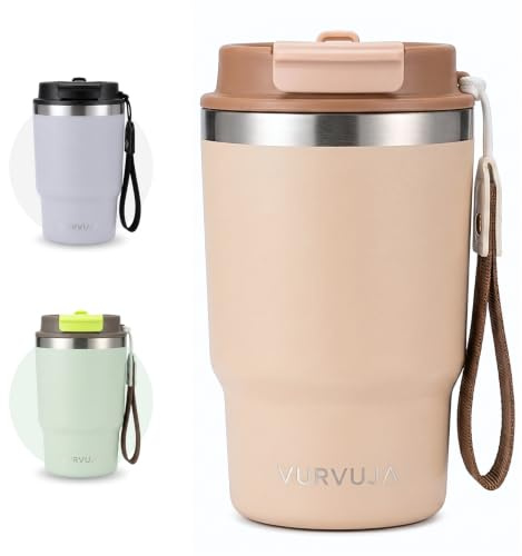Vaso Termico 470ml de Acero Inoxidable 3en1 con Pajita y Tapa Antifugas | Taza termica con correa Integrada, reutilizable y sin BPA. Termo cafe para llevar con doble pared para frío y calor. (Sand)