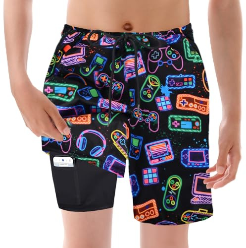YYDSXK Short de Bain Garcon, Shorts de Bain pour Enfant avec Compression, Maillot de Bain Garçons 2 en 1, Anti Poussière, Anti Sable et Protection Solaire, Shorts de Plage Cool et Elégants