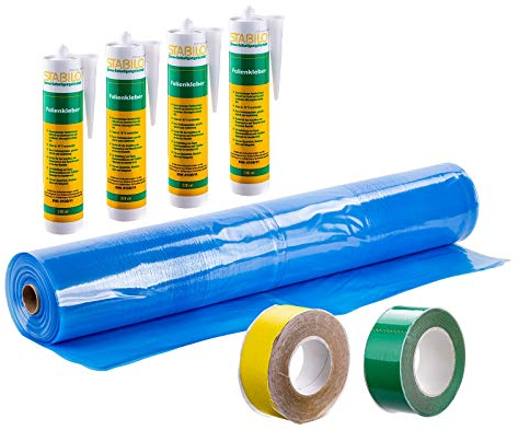 Dampfbremse-Set, Dampfsperre, Dampfsperrfolie, Dampfbremsfolie, 100m² Dampfbrems-System-Paket, 2 x Klebeband (grün & gelb), 4 x Folienkleber, Abdichtung des Dach-Ausbaus