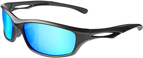 BALINCO Occhiali sportivi polarizzati Occhiali da sole da ciclismo con protezione UV400 per donne e uomini che guidano, corrono, pescano e giocano a golf (nero opaco - specchio blu)