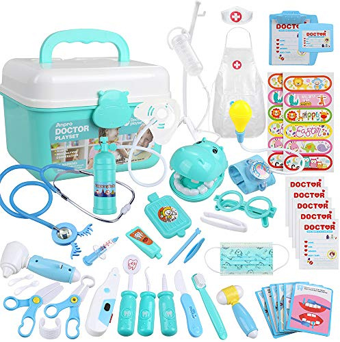 Anpro Valigetta Dottore per Bambini - Kit 46 Pezzi Giocattoli Infermiere e Dentista Fai Finta Blu