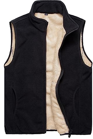 Yukirtiq herr polar fleece väst lätt kroppsvärmare vindtät klassisk ärmlös jacka sherpa fodrad dragkedja väst med ficka, Svart, L