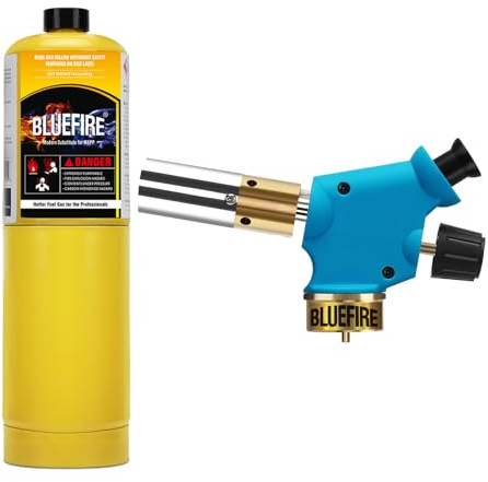 BLUEFIRE Handy Cyclone Torch Kit with MAPP Cylinder Push Button Trigger Start Nozzle Head Fuel by Propane MAPP MAP PRO Gas Welding Soldering Brazing Cooking Glass Beads DIY
