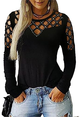 ZH8FCHAN Maglietta da Donna con Manica Lunga in Pizzo Bluse Tshirt Tops Girocollo Lunghe Maglie Camicia Eleganti Magliette Larghe T-Shirt A Rete Sexy Casual Ideale per Serate Discoteca (Nero,XL,XL)
