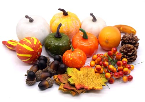 Horuili 120pcs Décoration de Citrouilles Automne, Mini Citrouilles Artificielles Décoratives, avec d'Érable, Cônes de Pin et Glands, Décorations pour Thanksgiving, Halloween, NoëL, Mariage d'automne