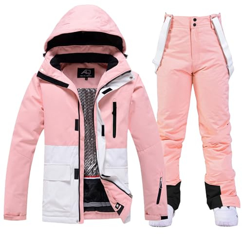 ALSOGO Ensemble de veste de ski et de pantalon de ski pour femmes, combinaison de ski 2 pièces, combinaison de neige imperméable et chaude avec capuche amovible pour le ski, le snowboard, veste de