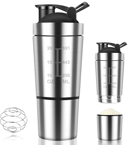 Golgner Shaker per proteine in acciaio inox, shaker per sport, fitness, 600 ml, con tazza da 200 ml, senza BPA con scala, a doppia parete, per albumi, dieta e frullato fitness (argento)