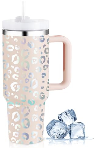 PRAOAHEI 40oz Thermobecher mit Strohhalm und Henkel, Aufgewertet Doppelwandiger Edelstahl Heiße Kalte Getränke Vakuum Trinkbecher,Kaffeebecher für Zuhause Reisen Rosa