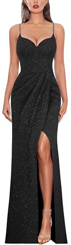 VFSHOW Womens Sexy Formal Prom Ruched Hight Slit Spaghetti Strap Maxi Dress Sweetheart Cocktail Wedding Guest Glitter Fitted Bodycon Evening Long Gown (Black, Large) 11181 BLK L