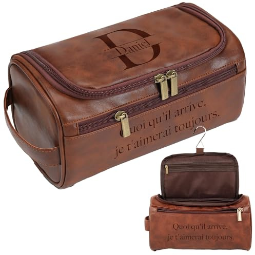 Easycosy Trousse de Toilette Homme Personnalisée -Cadeau Saint Valentin Homme- Sac Organisateuer de Toilette Trousse avec Crochet en Cuir PU pour Voyage Business Idée Cadeau Homme Original Papa Papy