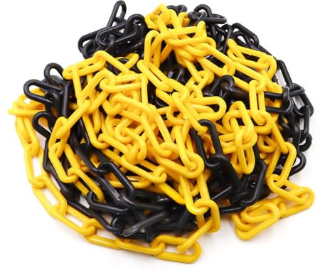 alwaiiz Cadena de seguridad de plástico negro y amarillo, 10 m x 8 mm, ligera y práctica, con 4 ganchos en S, cadena de plástico para cerrar superficies