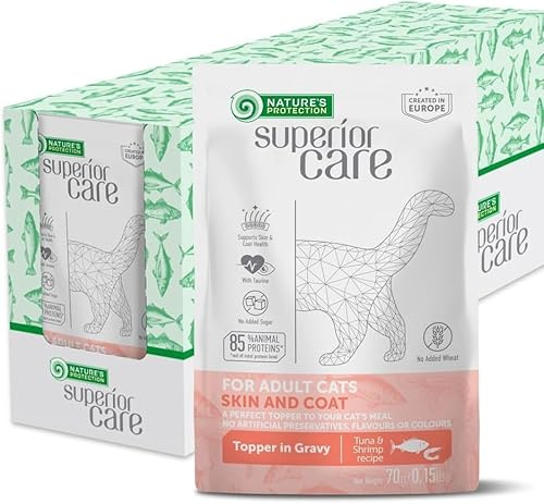 Nature's Protection Superior Care - Cibo umido per gatti adulti, per la cura della pelle e del pelo, tonno e gamberetti ad alto contenuto proteico in sacchetti di sugo, per una pelle sana e un pelo e