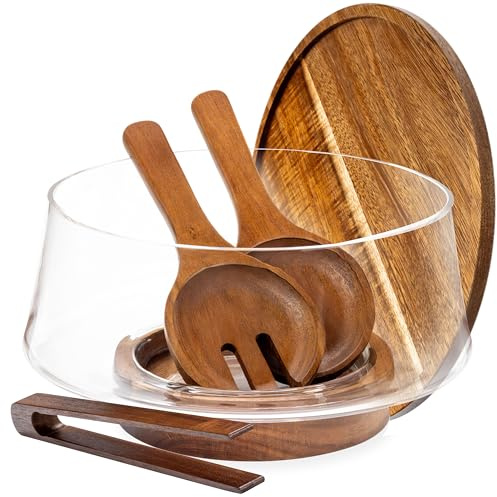 Oria Cook Large Glass Salad Bowl with Lid Set, 5.7 L Decorative Glass Mixing Bowl, Trifle and Serving Bowls with Lids as Cheese Charcuterie Board and Plate, Comes with Wood Serving Utensils