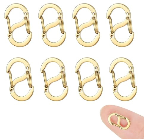 8 pezzi in acciaio inox a doppia apertura, chiusura a S – Mini moschettone per bracciali e collane fai da te, 12 mm, antiscivolo e stabile (argento、dorato) (dorato)