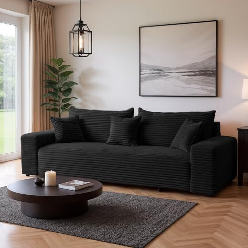 SOFILAND Cordo Schlafsofa 265×150 cm mit Bettkasten – Cord Sofa TILIA Breitcord, SoftTouch Komfort, 3-Sitzer Couch, abnehmbare Kissen, Easy Clean & Pet Friendly (Schwarz)