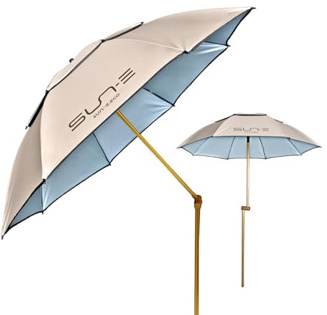 PERLETTI Sonnenschirm Strand Garten Balkon Terrasse SPF 50+ - Strandsonnenschirm Faltbar Reise Klein Windfest Stabil mit Erdbohrer - Tragbarer Sonnenschirm mit Tasche und Schultergurt - Durchm 165 cm