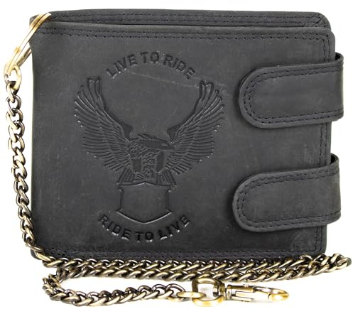 MDM Biker - Monedero para hombre, piel auténtica, con cadena y águila, con protección RFID, Negro , 10.0 X 12.5 X 2.5 Centimeters, Biker