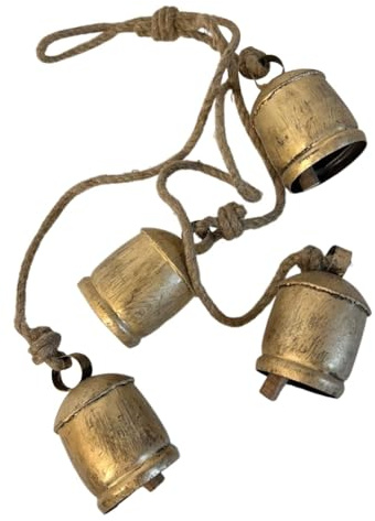 Asyduey 4 Pezzi di Campanelli per Mucche su Corda, Campanelli per Mucche Rustici Vintage Portafortuna su Corda, Set di Campanelli per Mucche in Metallo da Appendere alla Parete