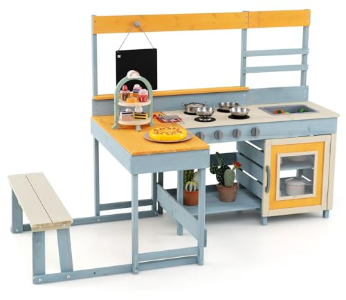 Maxmass Kids Mud Kitchen, Outdoor Toddler Play Kitchens with Picnic Table, Bench, Blackboard, Dessert Accessories, Kitchenware, Wooden Children Toy Kitchen Playset for 3+ Years Old (Grey-blue+Yellow)