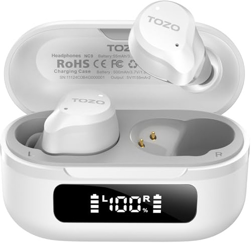 TOZO NC9 Hybrid Active Noise Cancelling Earbuds for Travel Work Calls, 45dB ANC Wireless Earbuds, 6-Mic ENC for Clear Calls, Deep Bass 60H Playtime IPX8 Bluetooth 5.3 Ear Buds with App for Custom EQ