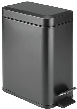 mDesign Small Modern 1.3 Gallon Rectangle Metal Lidded Step Trash Can, Compact Garbage Bin with Removable Liner Bucket and Handle for Bathroom, Kitchen, Craft Room, Office, Garage - Black