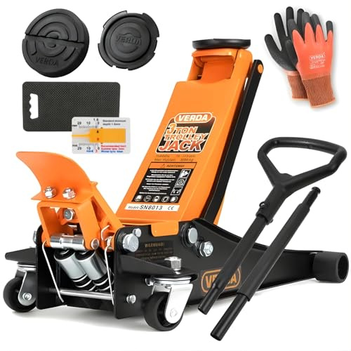 Verda Wagenheber hydraulisch 3T (75-515), 2X Gummi, mit D-Griff und Fußpedal, Rangierwagenheber, Profi, Doppelpumpsystem Doppelkolben, Heber, Ständer, Flache, Werkstatt, PKW, Wohnmobil