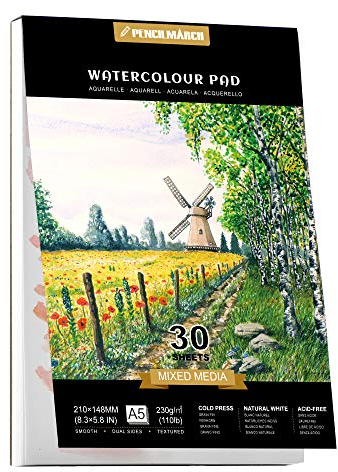PENCILMARCH Aquarellpapier A5, 30 Blatt Aquarellblock, Aquarell Papier für Wasserfarben, Aquarell Skizzenbuch, Watercolor Paper für Studenten,Anfänger, Skizzenbuch Aquarell 230g