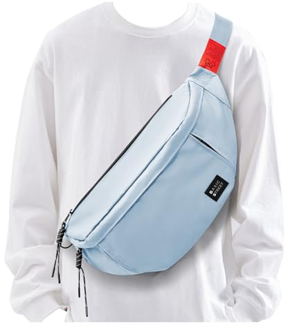 SYCNB Large Plus Size Fanny Pack for Men Women, Waterproof Waist Bag Pack with Adjustable Strap, 5-Zipper Pockets, Light Blue