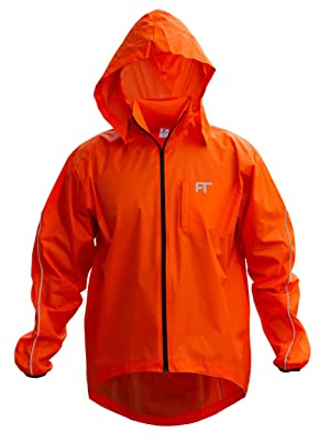 FT Fashion Track Cycling Jacket Mens – Windproof Lightweight Reflective Mens Waterproof Jacket for Cycling, Running, Skating, Hiking, Camping with Hi Vis Logo/Neck Roll Hoodie & Pockets (Orange, S)