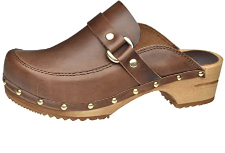 Sanita Lillen | Sabots Ouverts | Produit Original Fabriqué à la Main pour Femme | Sabots en Cuir avec Semelle en Bois | Semelle Durable | Marron | 38 EU
