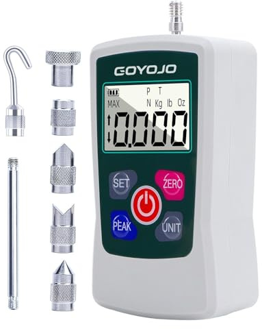 GOYOJO Digital Force Gauge, High-Precision Push-Pull Meter for Tension and Compression Testing Units (N, kg, lb, oz) Real-Time/Peak/First Peak Modes Ideal for Quality Control & Material Testing (5N)