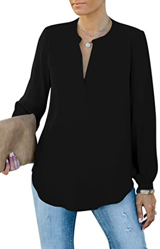 Homlan Chemisier élégant pour Femme - Col en V - Manches Longues - Décontracté - Tunique à Manches Longues - Couleur Unie, Noir, XL