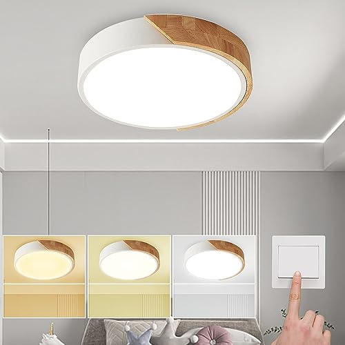 NICEME Deckenlampe,24w Dimmbare Led Deckenleuchte Holz, WäHlbar 3000k/4500k/6500k üBer Wandschalter,12 Zoll Moderne Deckenleuchte FüR Schlafzimmer Flur Balkon,Weiß