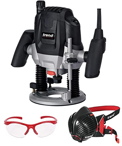 Trend T7 Workshop Router & Safety Accessories Set, T7EK Router (1/2 Inch, 2100W, 240V) with Air Stealth Dust Mask P3 Respirator & Safety Glasses, T7/Saftey/Set