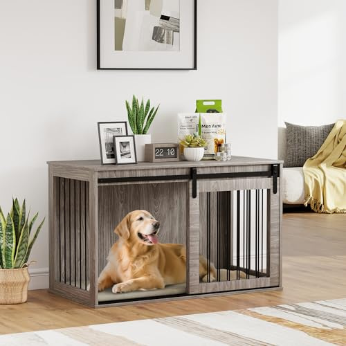 PawHut Dog Crate Furniture for XL Breeds 118 x 60 x 73 cm Walnut Brown | Heavy Duty Dog Cage, Barn Door, End Side Table Pet Kennel, Removable Cushion, Indoor Use