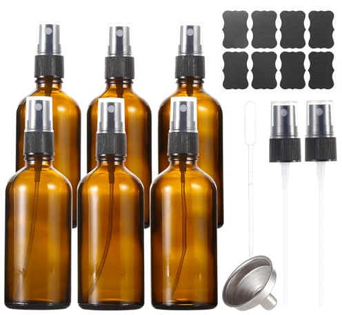 ALIFEIA 6 st påfyllningsbara tomma sprayflaskor av brunt glas, 100 ml, med fin dimma för rengöring, parfym, aromaterapi, kosmetisk spray, hår, eteriska oljor med huvud