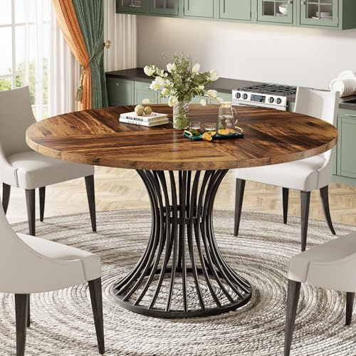 Tribesigns Round Dining Table for 4-6 People, Circle Kitchen Table, 75 CM Tall Farmhouse Dining Room Tables, with Metal Base for Kitchen, Living Room, Rustic Brown