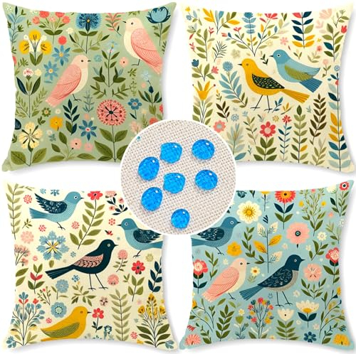 wtisan Kissenbezug 45 x 45 cm Dekorative 4er Set Wasserfest Outdoor Kissen Gartenkissen Wetterfest Atmungsaktiv Gelbe Blumen und Vögel Kissenbezug Gartendeko für Draußen Heim Sofa Garten…