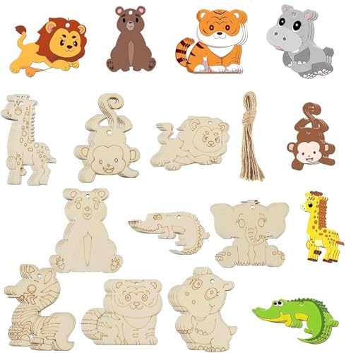 HERZONE Set Fai Da Te 45 Pezzi Animali in Legno - Figure per Dipingere, Artigianato, Stampi e Fette