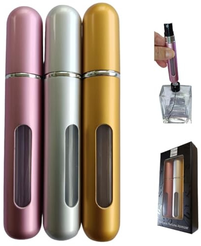 LELE MAKE ®️ 3 PCS. 8 ML. Atomizador Perfumes Recargable | Set de 3 Botes Colonia Recargables para Viaje | Porta Perfume Sin Fugas | Incluye caja PARA REGALO. (oro, plata, rosa)