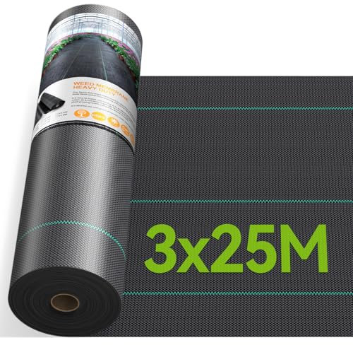 iropro Toile de Paillage 3m x 25m Geotextile,de Paillage Bache Geotextile Toile Anti Mauvaises Herbes Tissu Perméable à l'eau, 90GMS Résiste Rayons UV,Anti Repousse- 75㎡ de Geotextile Noir