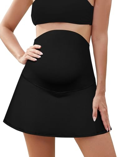 SHEKINI Gonna per la maternità a balze in vita alta Gonna sportiva per la pancia Gonne con pantaloncini interni, Nero , M