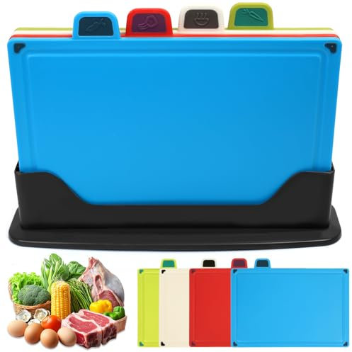 Tagliere in plastica, 4 pezzi, 30 x 20 cm, con supporto, lavabile in lavastoviglie, in polipropilene, senza BPA, antiscivolo, set di taglieri da cucina per frutta, verdura, carne