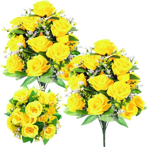 Riceshoot 2 Bouquets Artificial Cemetery Flowers for Grave Memorial 18 Heads Rose Silk Flower Faux Roses Arrangement for Valentine's Headstone Tombstone Decoration Graves 17.72 Inch(Yellow)