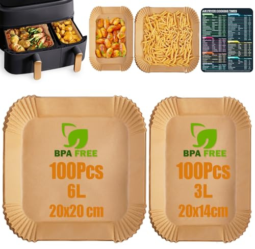 Anhow 200 Pezzi Carta Forno per Friggitrice ad Aria Doppio Cestello, per Moulinex Dual Easy Fry XXL/Tefal Dual Easy Fry XXL/Philips Dual Basket, 20x20cm e 20x14cm,Food-Grade BPA Free,FDA e LFGB