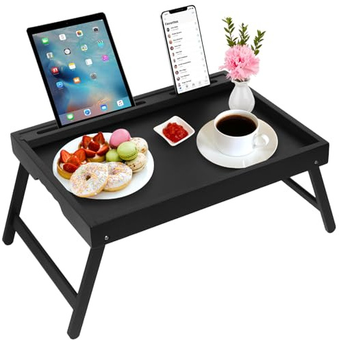 Sängbricka bord med vikbara ben, bambu frukostmatbricka med mediaplats, används som platta, laptopskrivbord, mellanmål, TV-bricka kökserveringsbricka (svart stor)