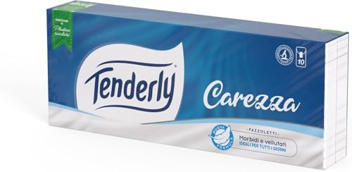 Fazzoletti Tenderly Carezza, 30 Pacchetti da 9 Fazzoletti a 3 Veli, Morbidi e Delicati, Ideali per l'uso Quotidiano, Dermatologicamente Testati, 100% Made in Italy, 20 Confezioni da 10 Pacchetti