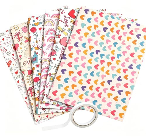 MeiLang Heart Wrapping Paper 6 Sheets Love Heart Gift Wrap | Colourful Hearts Design Recyclable Paper for Birthday Valentine Anniversary Presents 70x50cm