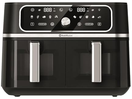 Rediffusion Air Fryer, 9L, ClearCook, Dual Drawer with Viewing Window, 10 Smart Presets, Cool Touch Design, Sync Finish, Match Cook, Digital Touchscreen, Non-Stick, Dishwasher Safe, Black - REDAF100CA