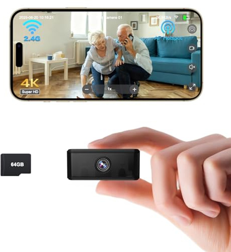 UCOCARE Mini Telecamera Spia, Wi-Fi/AP Hotspot/Offline Modalità, 4K Telecamera Senza Wifi, Mini Videocamera Sorveglianza Interno con Scheda TF da 64 GB, Visione Notturna, Supporto Magnetico(Nero)